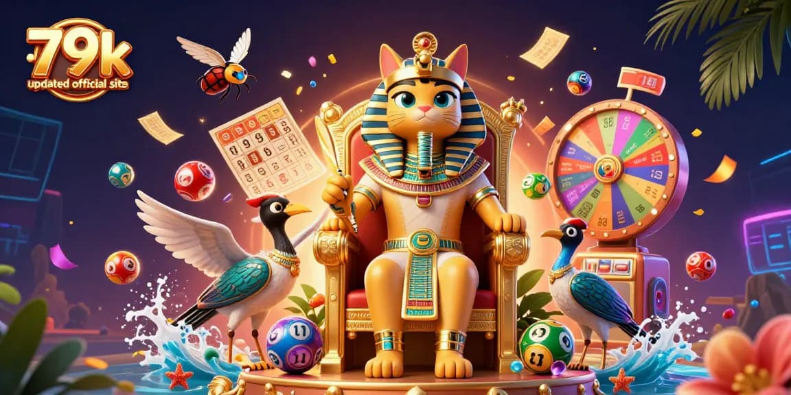 Engage in the excitement of 79k updated official site with vibrant lottery elements and an Egyptian pharaoh cat.
