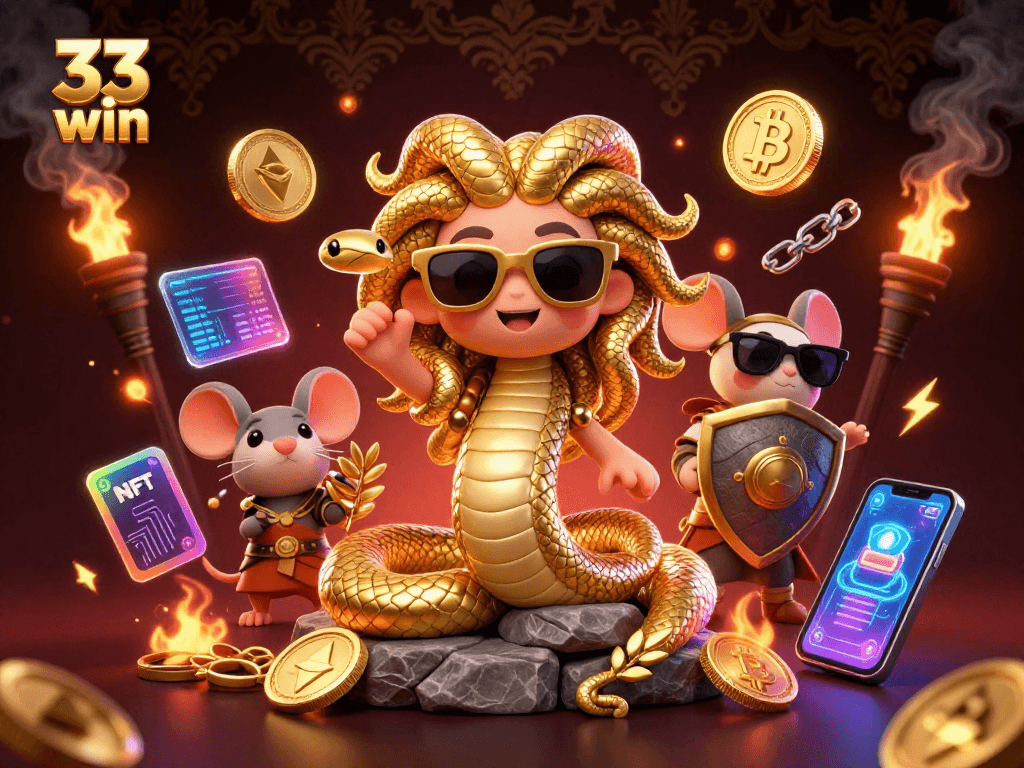 Experience thrilling 33 win action with Medusa and a warrior mouse in a vibrant casino scene.
