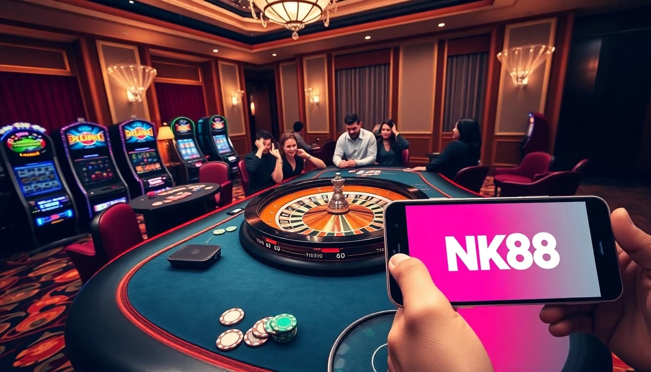 Play exciting games at https://nk88z.com/ in a luxurious casino atmosphere with vibrant roulette and slot machines.