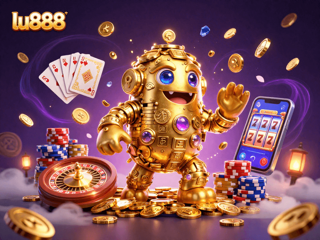 Engage with the vibrant world of gambling at lu888 featuring a 3D golden golem amid casino icons.