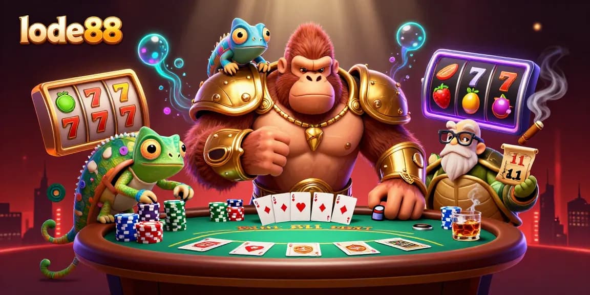 Experience lode88's vibrant casino scene with a powerful gorilla king and dynamic gambling elements.