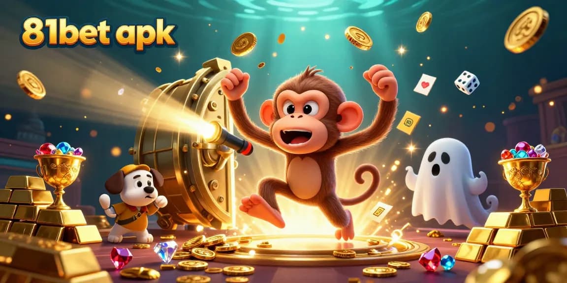 Experience the excitement of the 81bet apk with a mischievous monkey and ghost-hunter puppy in a bustling casino.