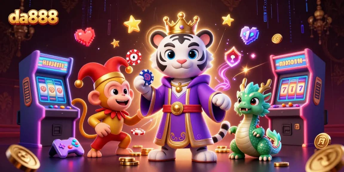 da888 offers exciting slot games with dynamic visuals featuring a royal tiger, juggling monkey, and neon gaming elements.