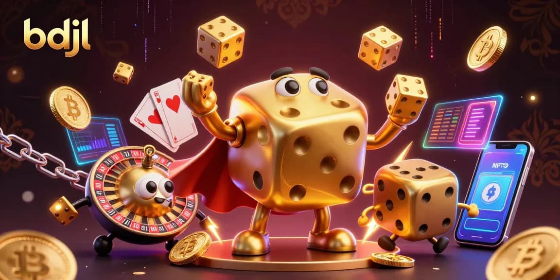 Engage with bdjl's vibrant 3D casino scene featuring a golden dice golem and crypto elements for gamers.