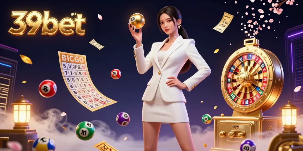 Engage in thrilling games at 39bet with a captivating 3D visual of a stylish Asian dealer, roulette ball in hand, amid dynamic gaming elements.