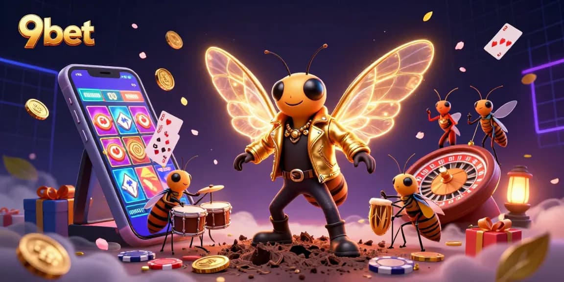 Experience excitement with 9bet's vibrant 3D casino scene featuring a cicada rock star and dynamic gaming elements.