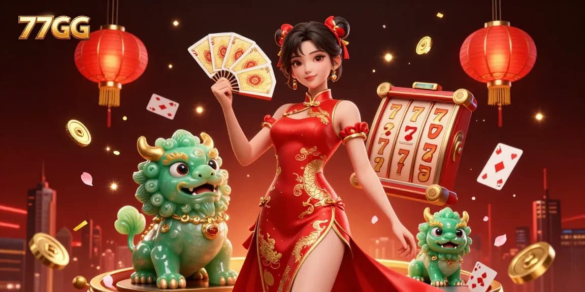 Spin the reels at 77GG with a glamorous Chinese theme, showcasing enchanting characters and vibrant casino elements.
