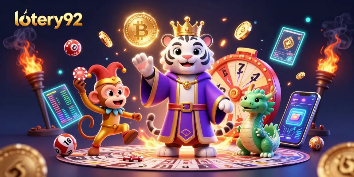 Engage with lotery92 through an immersive lottery experience illustrated in a vibrant 3D scene.