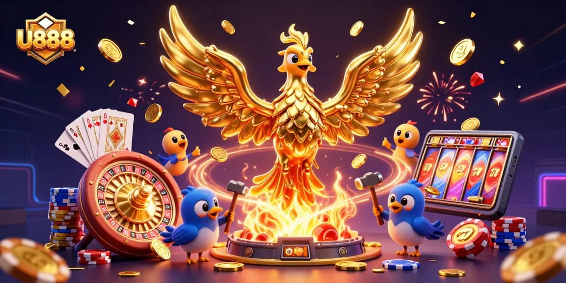 U888 offers action-packed cockfighting bets with phoenix-themed golden visuals and treasures.