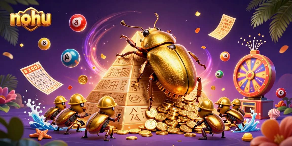 Nohu's engaging 3D casino scene featuring a golden dung beetle, lottery elements, and vibrant gambling symbols.