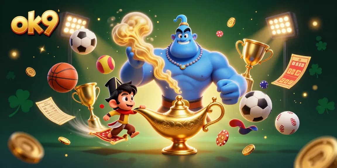 Experience thrilling sports betting with ok9, featuring dynamic characters and vibrant casino elements.
