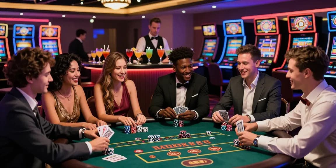 Exciting gathering at a casino showcasing friends enjoying rokok88 gaming experience with poker and colorful cocktails.