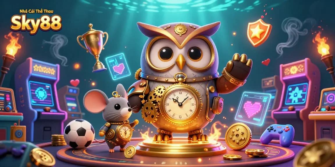 Engaging sports betting scene with Nhà Cái Thể Thao Sky88, featuring dynamic cartoon characters and gaming elements.