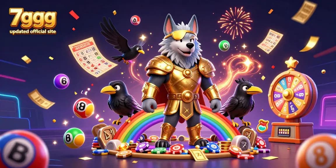 Engage with 7gggg updated official site in a colorful and dynamic casino-themed illustration.