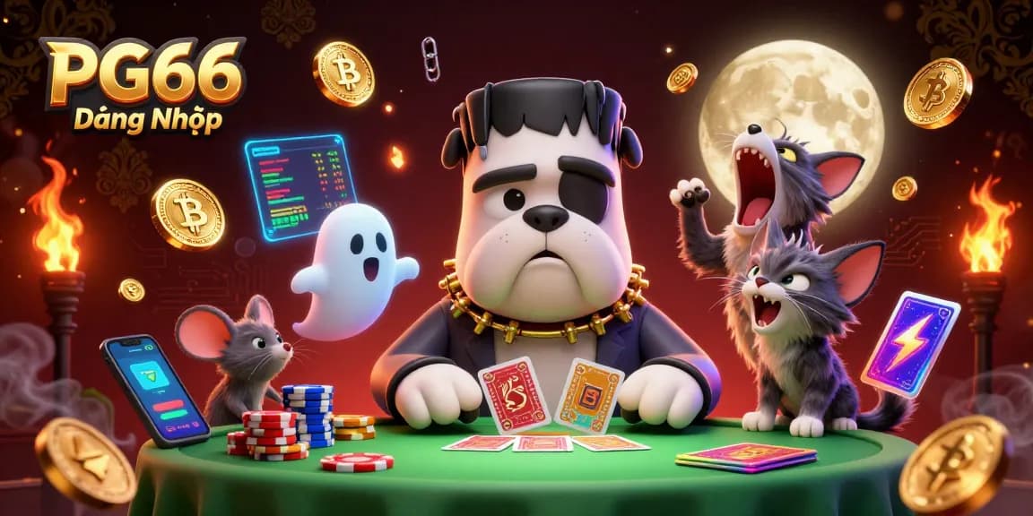 Engage in thrilling gambling at PG66 Đăng Nhập with a vibrant 3D cartoon casino scene featuring unique characters and crypto elements.