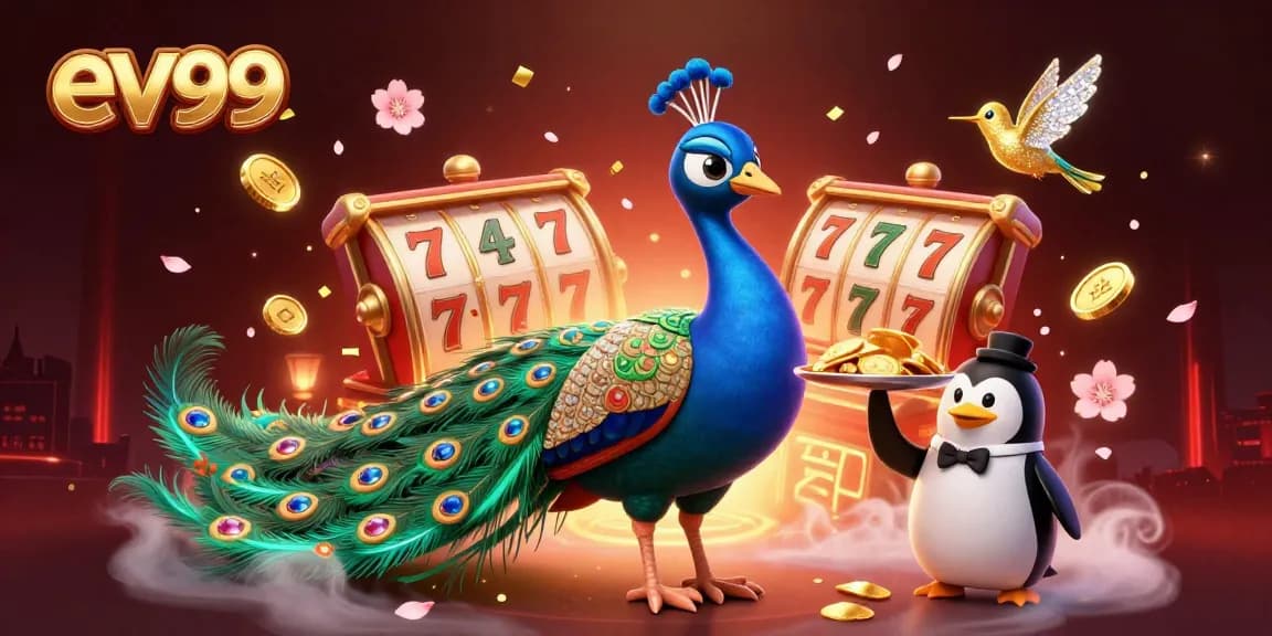 Win big at ev99 with a vibrant 3D casino scene showcasing a peacock and themes of luck.