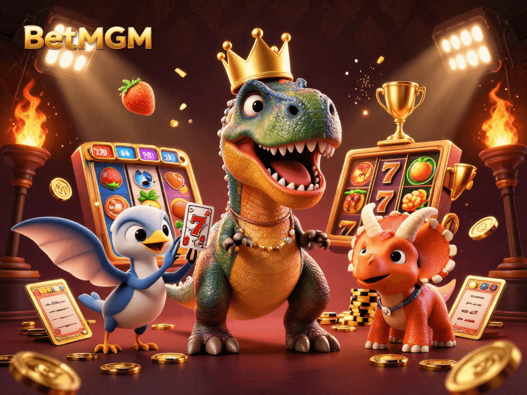 Experience thrilling games at BetMGM with a lively T-Rex shuffling cards and friends stacking chips.