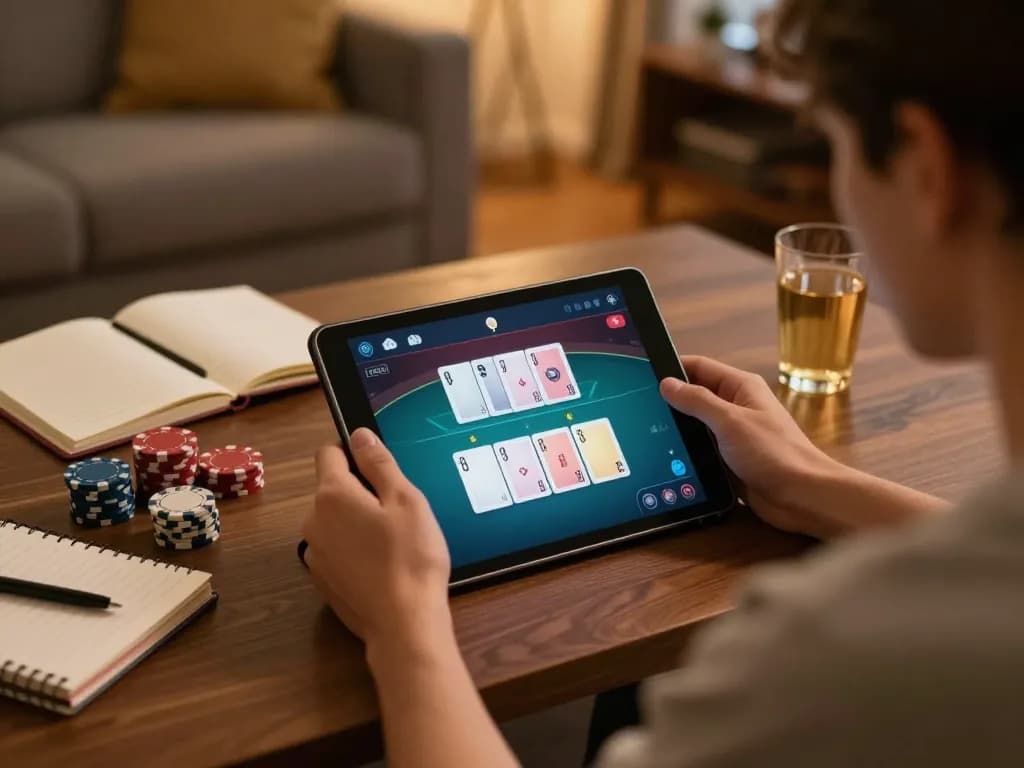 Engaging scene of a player on rokok88 practicing strategy at home, with poker cards and chips visible.