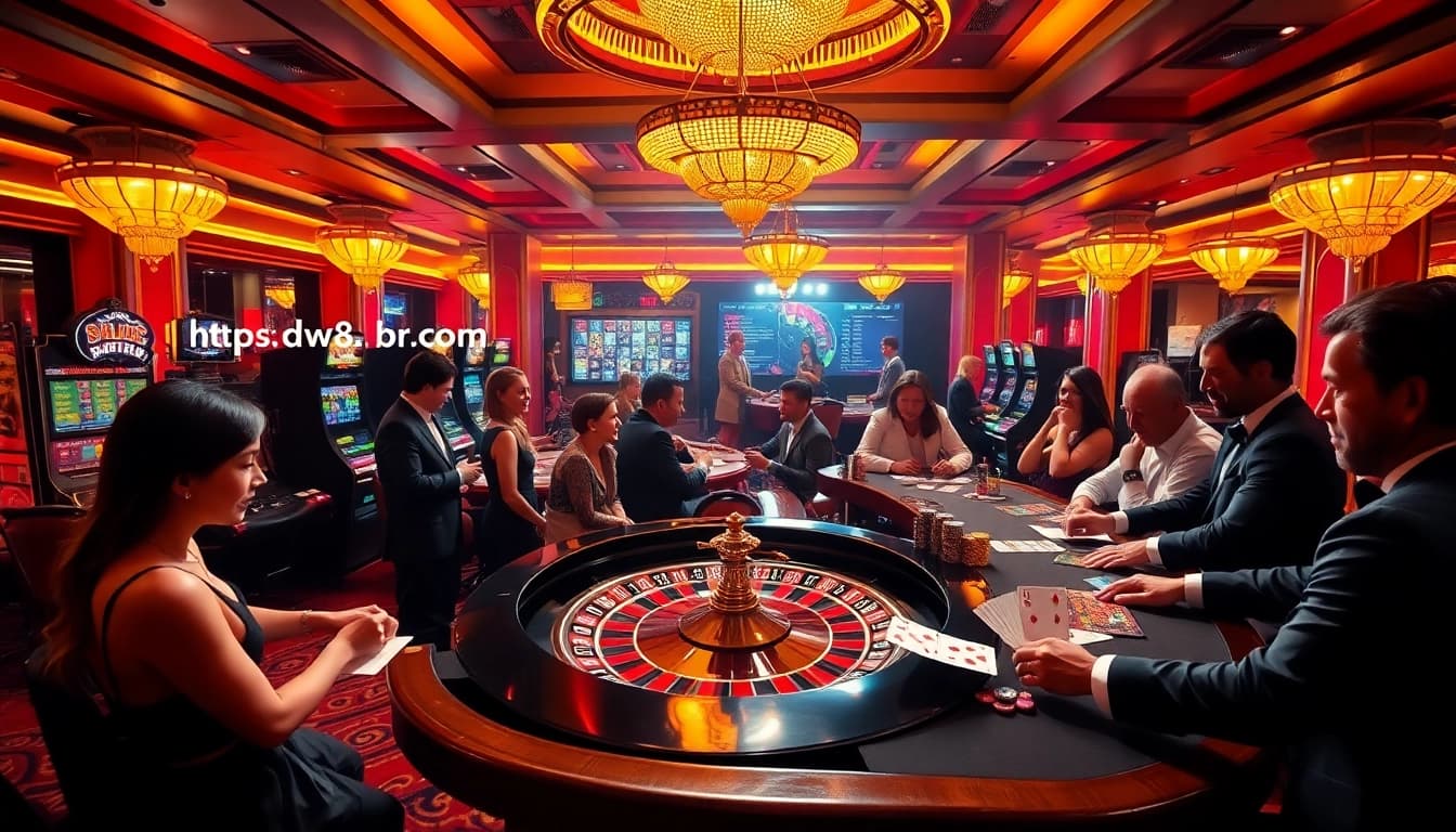 Experience thrilling gaming at with poker chips and roulette tables in a luxurious casino.