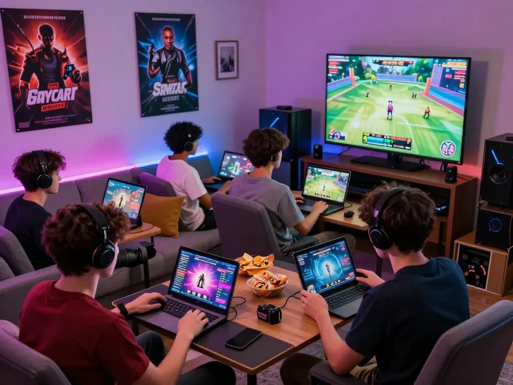 Engaging scene of players enjoying free porn games on laptops and tablets in a vibrant gaming setup.