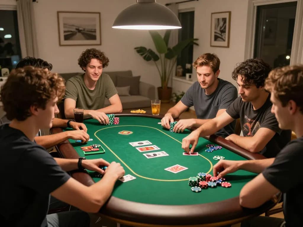 A group enjoying a poker night at home, showcasing aa888 friendly competition and engaging gameplay atmosphere