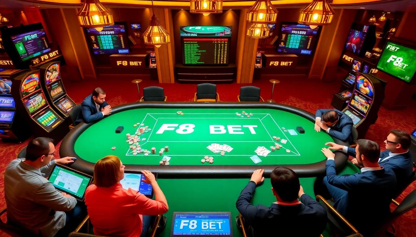 Experience the thrill of F8 BET with an exciting casino gaming scene featuring players and vibrant slot machines.
