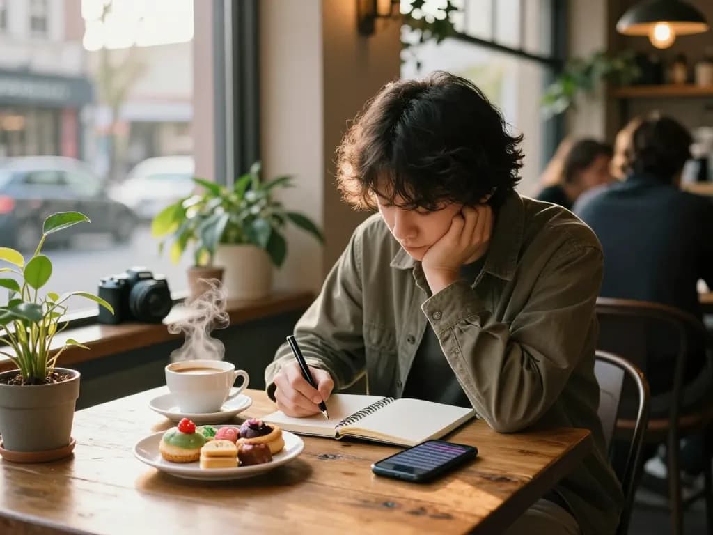 A young person in a coffee shop reflecting on a crush on someone special, with a notebook and coffee.