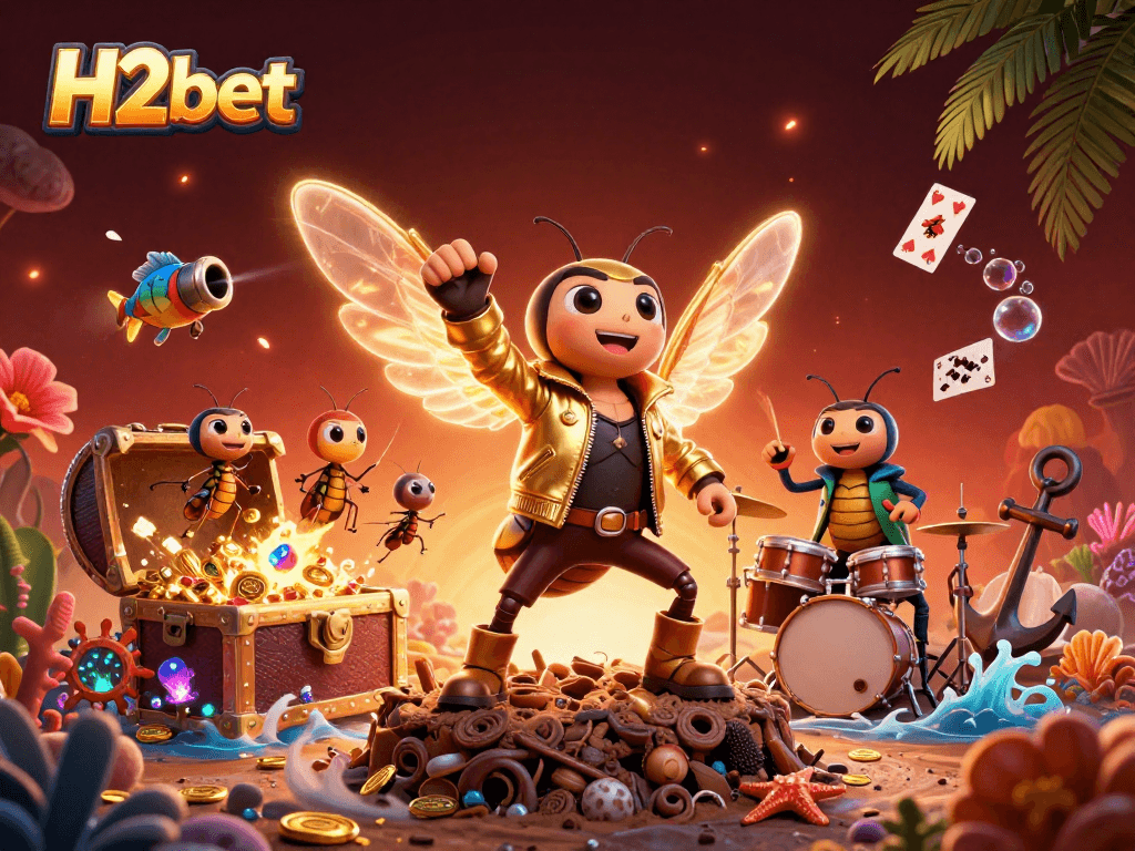 H2bet engages players with vibrant 3D casino-themed adventures featuring lively characters and golden treasures.