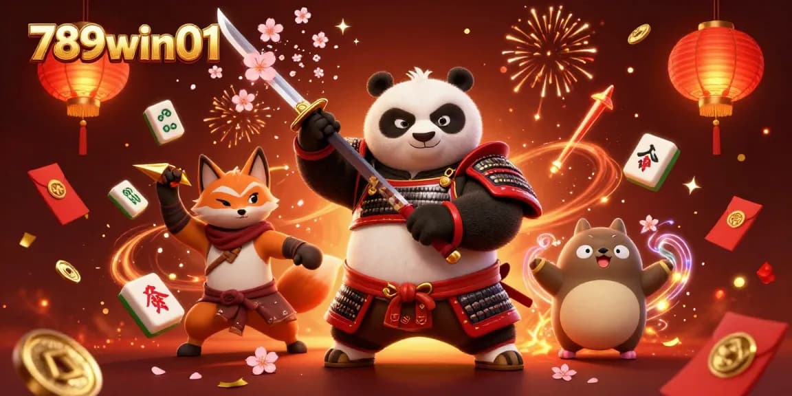 Experience exciting gameplay at 789win01 with a vibrant scene of samurai panda and ninja fox celebrating winnings!