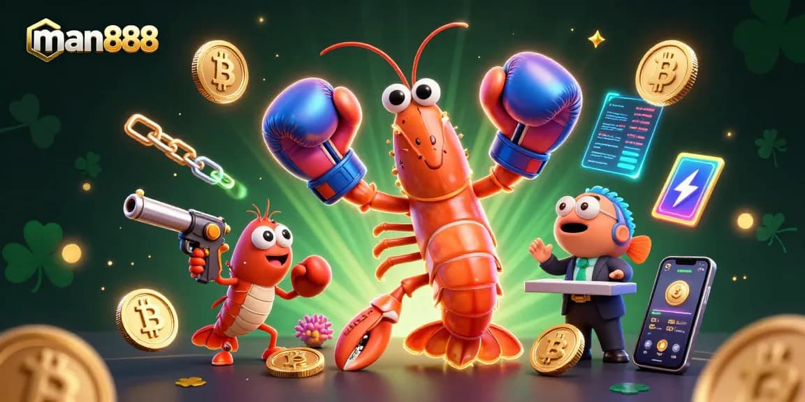 Experience winning at man888 with vibrant characters and dynamic casino elements surrounding a 3D shrimp duo.