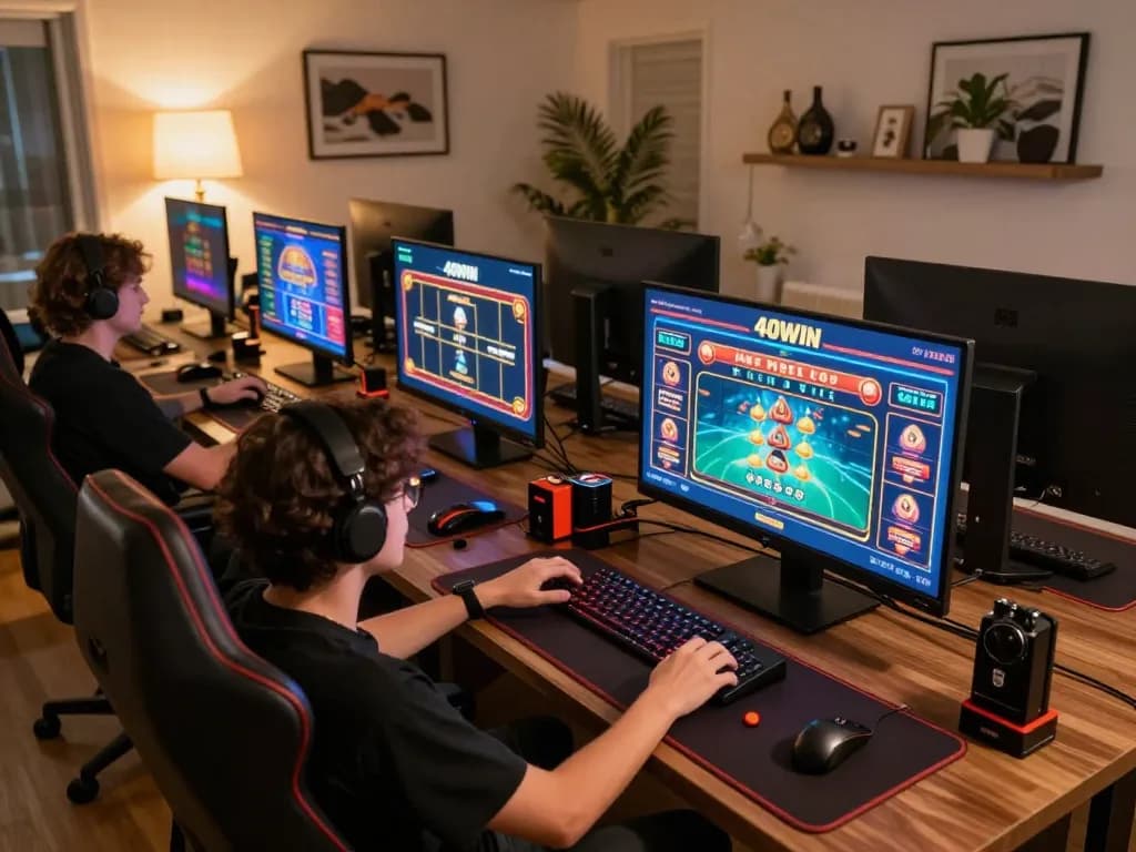 Play online games at 40WIN with multiple screens showcasing poker and slots