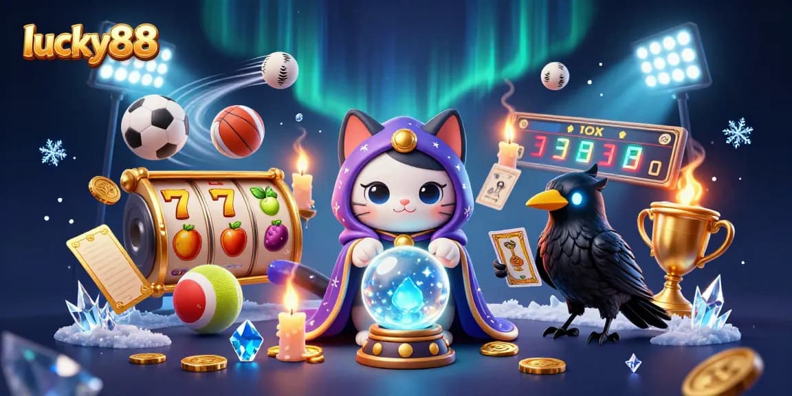 Engage in thrilling Lucky88 slot gameplay with a mystical cat and raven as dynamic characters.