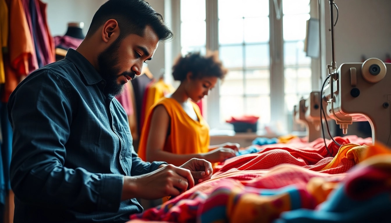 Clothes Manufacturer artisan crafting vibrant garments in a tailored workshop.