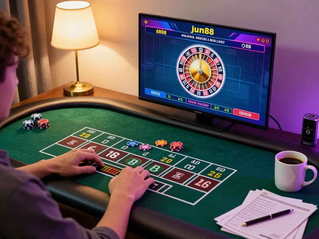 Playing a live roulette game at jun88 com with a laptop setup, showcasing excitement and strategy in action.