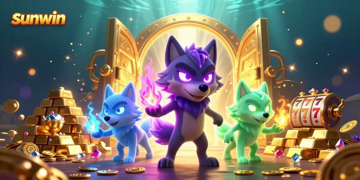 Experience the thrill of winning at sunwin with dynamic slot games and vibrant treasure in this 3D illustration.