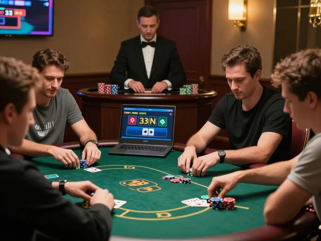 Players engaging in a thrilling poker game on 33nn's online casino platform, showcasing strategy and excitement.