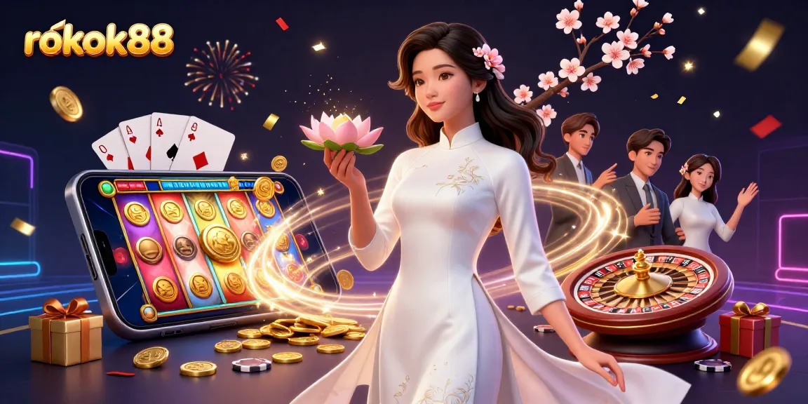 Experience the thrills of rokok88 with vibrant slot games, coins, and festive elements.