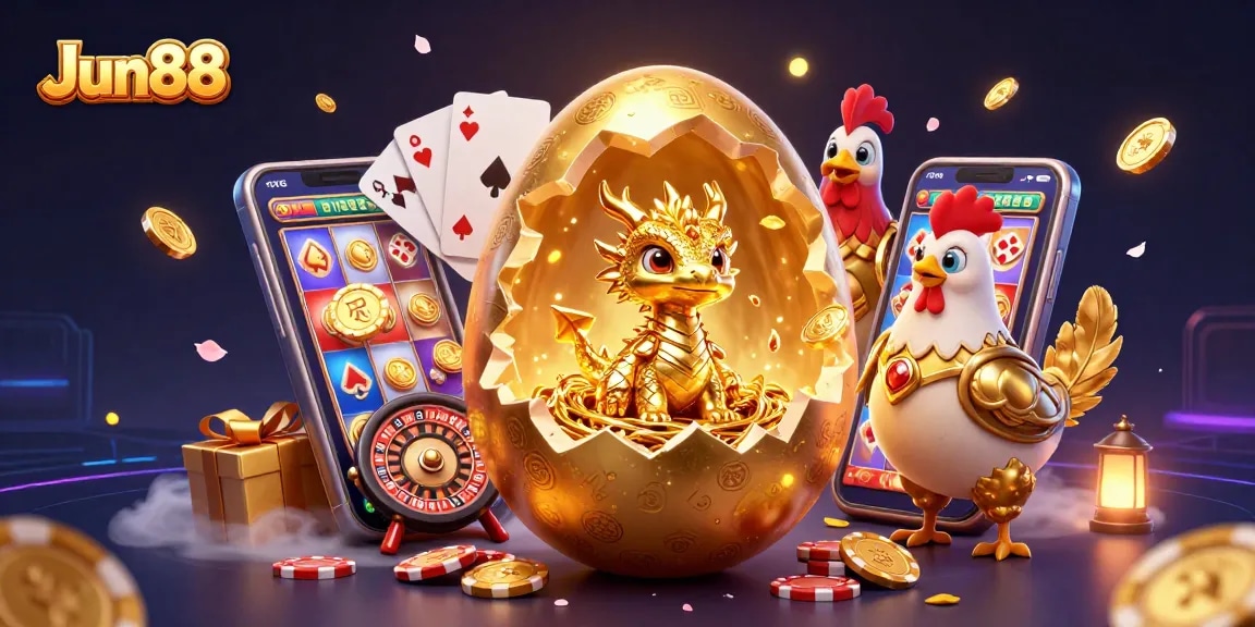 Jun88 features a golden baby dragon amidst poker chips, embodying exciting gambling adventures.