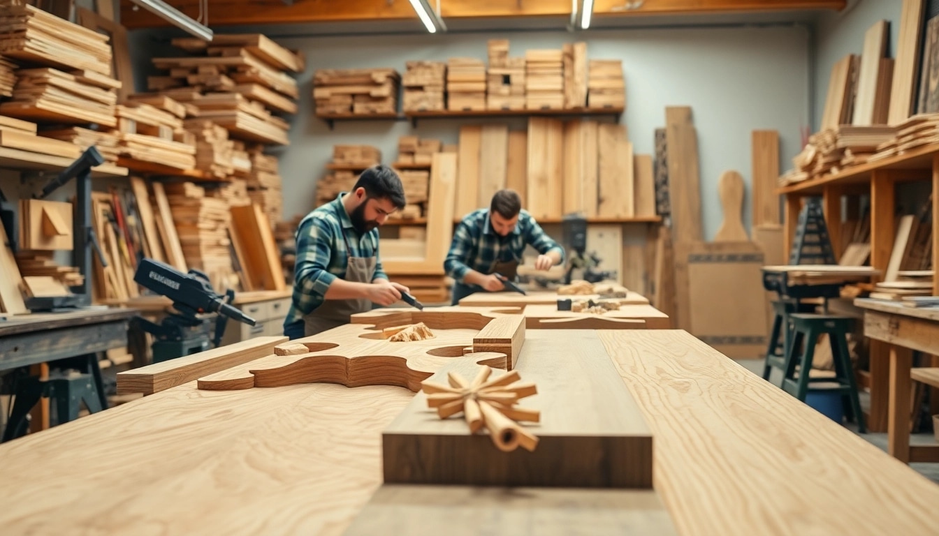 Craftsmen creating custom millwork in a well-lit workshop showcasing their artistry.