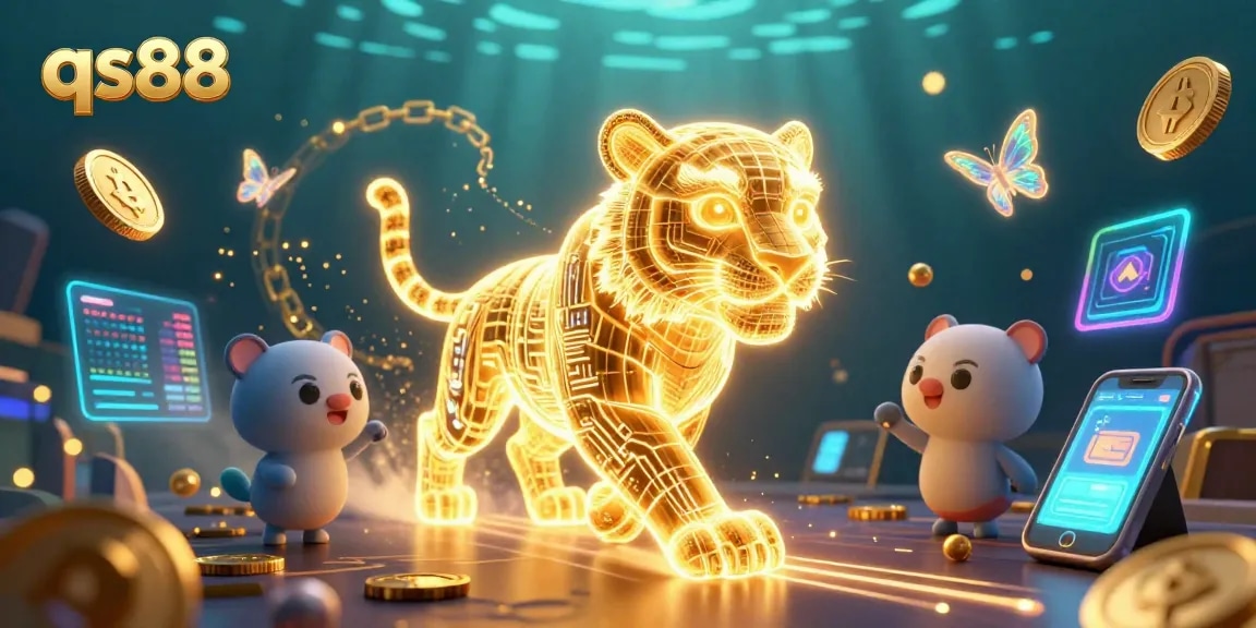 Engage with the qs88 casino experience featuring a golden tiger and crypto elements
