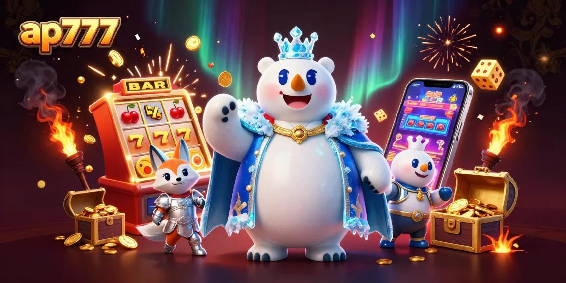 Experimente a emoção de ganhar com ap777 em uma cena vibrante de cassino, apresentando um majestoso rei do gelo e elementos de jogo deslumbrantes.