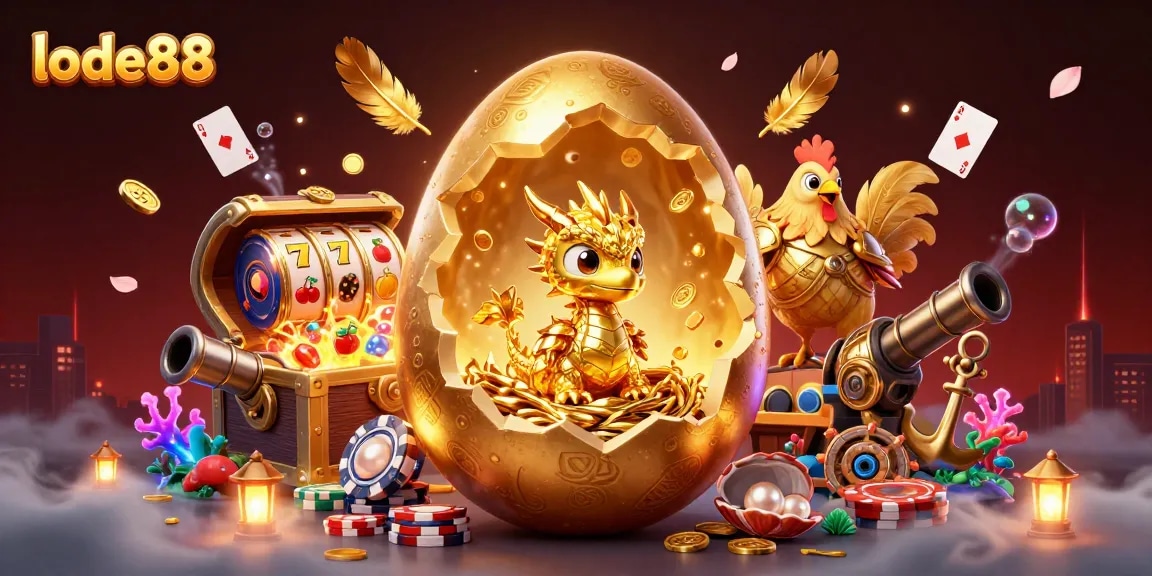 lode88 illuminates a scene of a golden egg hatching a dragon, surrounded by vibrant casino elements