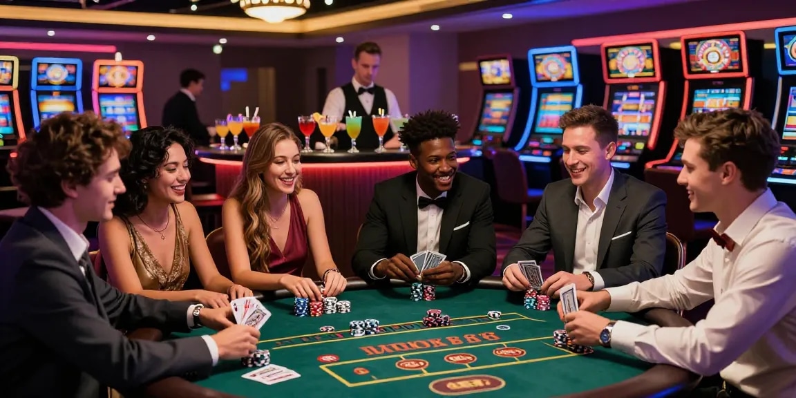 Exciting gathering at a casino showcasing friends enjoying rokok88 gaming experience with poker and colorful cocktails.