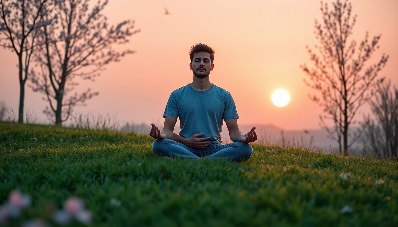 Enhancing emotional wellbeing through mindfulness meditation in a peaceful, natural setting.