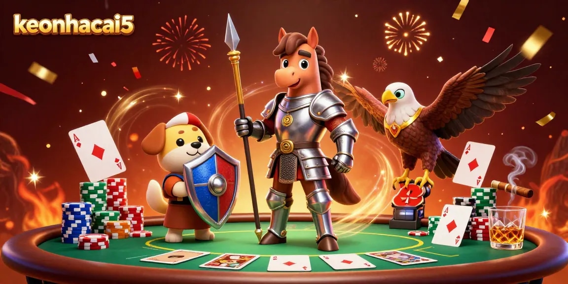 Engage in thrilling action with keonhacai5 as a knight, squire, and falcon amidst poker chips.