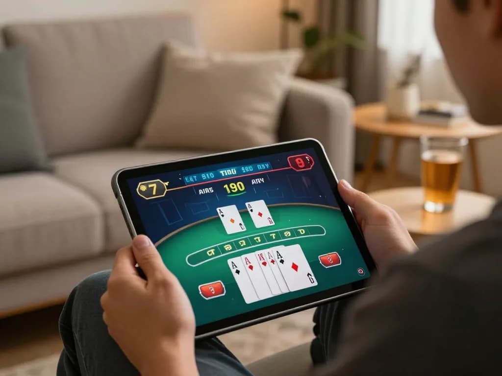 Player betting strategically in an online blackjack game on 22ff tablet in cozy home setting.