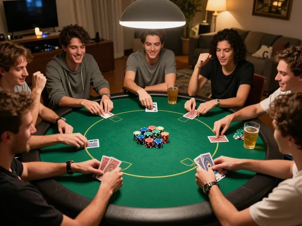 Navigating a thrilling poker night using the NK88 app, showcasing player engagement and strategy in a home setting.