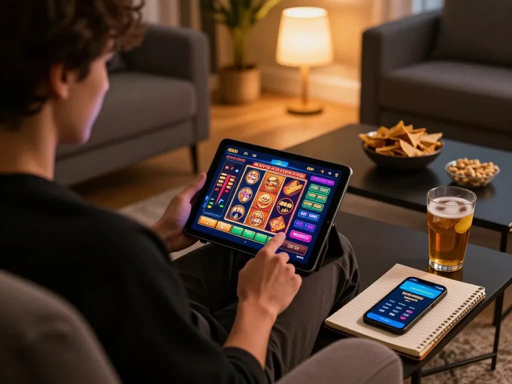 Engaging home gaming experience with a user enjoying 27G casino app on tablet surrounded by snacks and notebook.