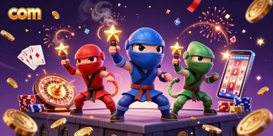 Engage with com in an exciting casino scene featuring ninja chameleons, winnings, and vibrant game elements.
