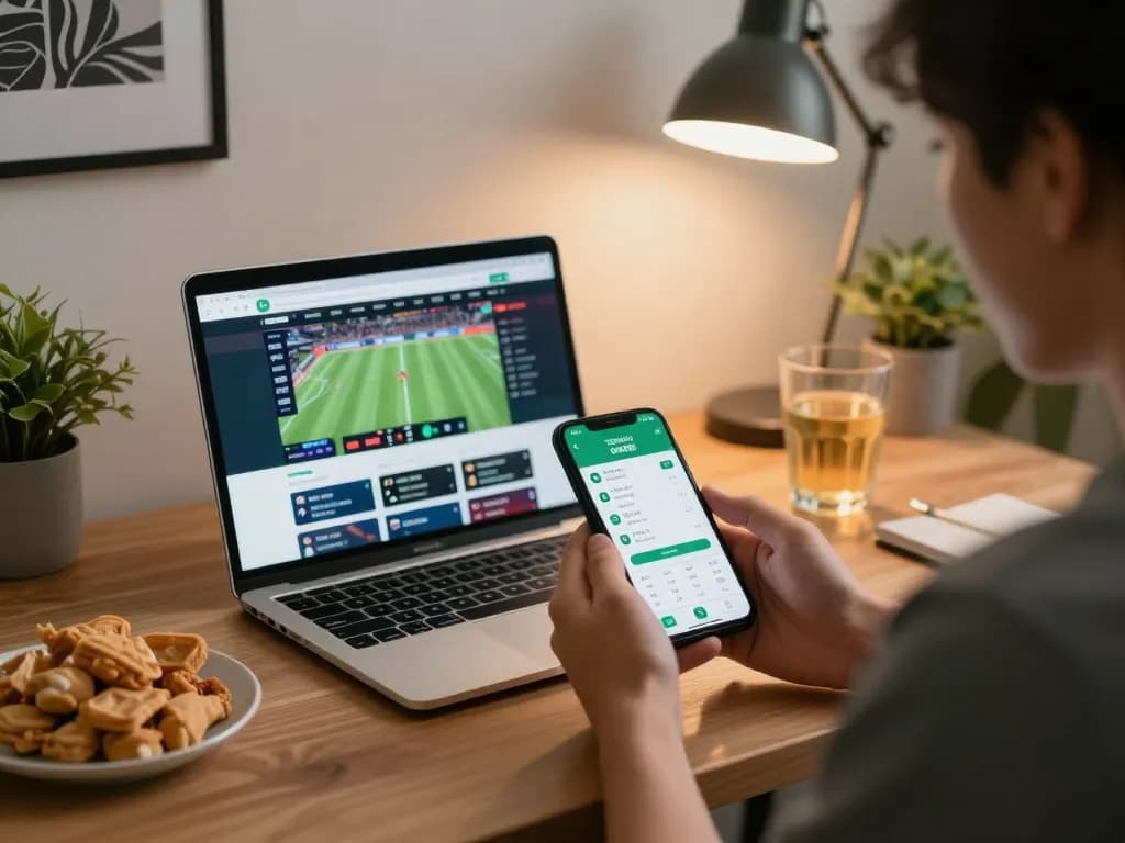 Person using the trang chủ uu88 app for sports betting on a smartphone, showcasing live odds in a cozy home setting.